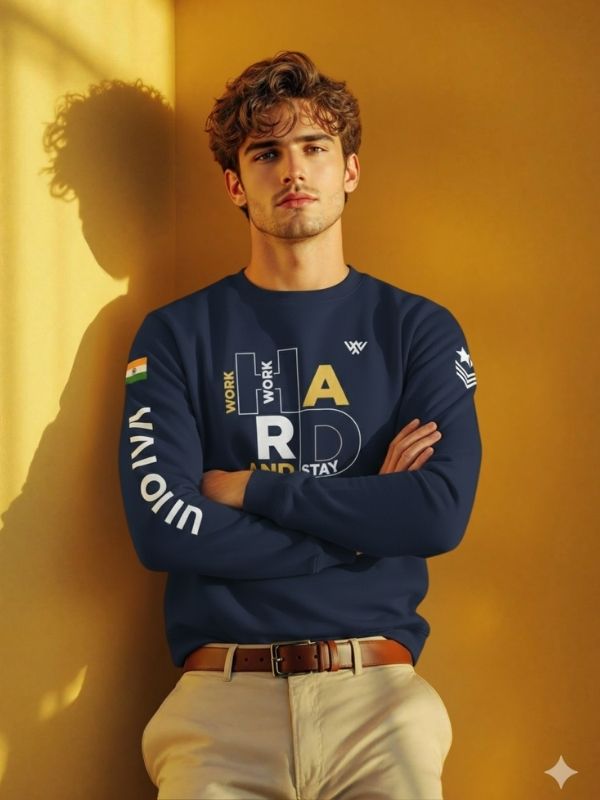 Men's Navy Blue 'Work Hard & Stay' Graphic Crewneck Sweatshirt