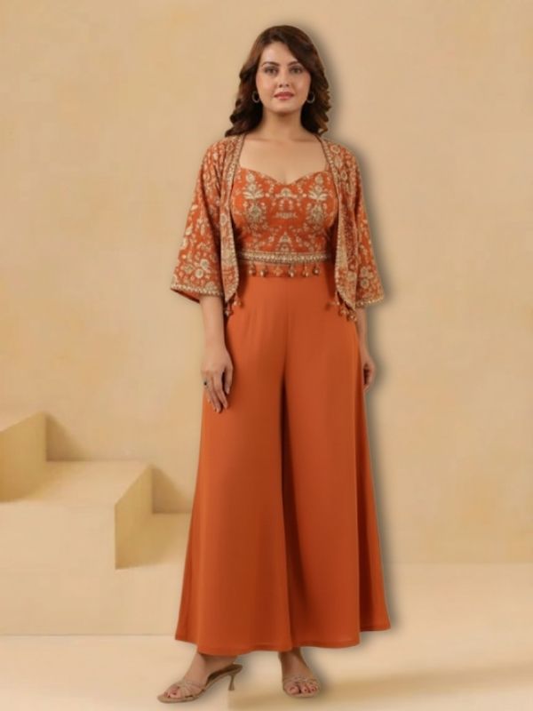 Women's Rust Orange Embroidered Crop Top Jumpsuit with Shrug