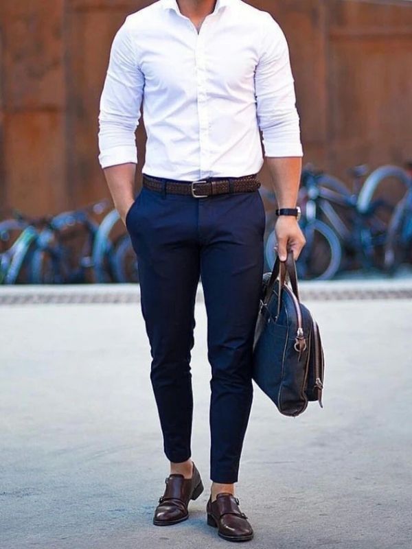 Men's Classic White Shirt and Navy Blue Trousers Set