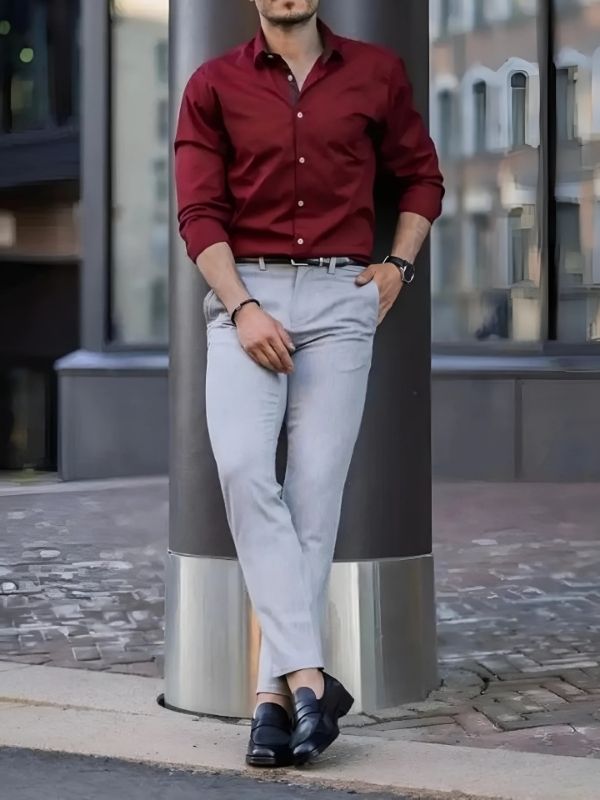 Men's Slim-Fit Maroon Shirt and Grey Trousers Set