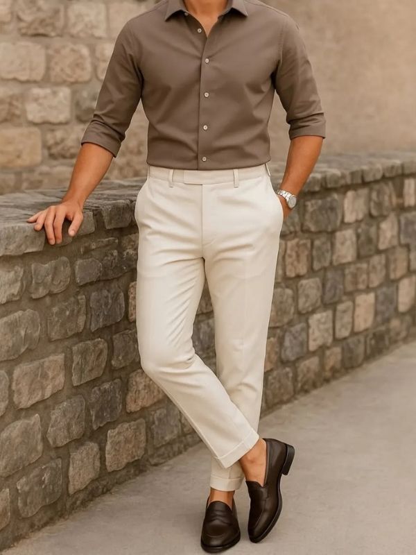 Men's Slim-Fit Beige Trousers and Brown Shirt Set