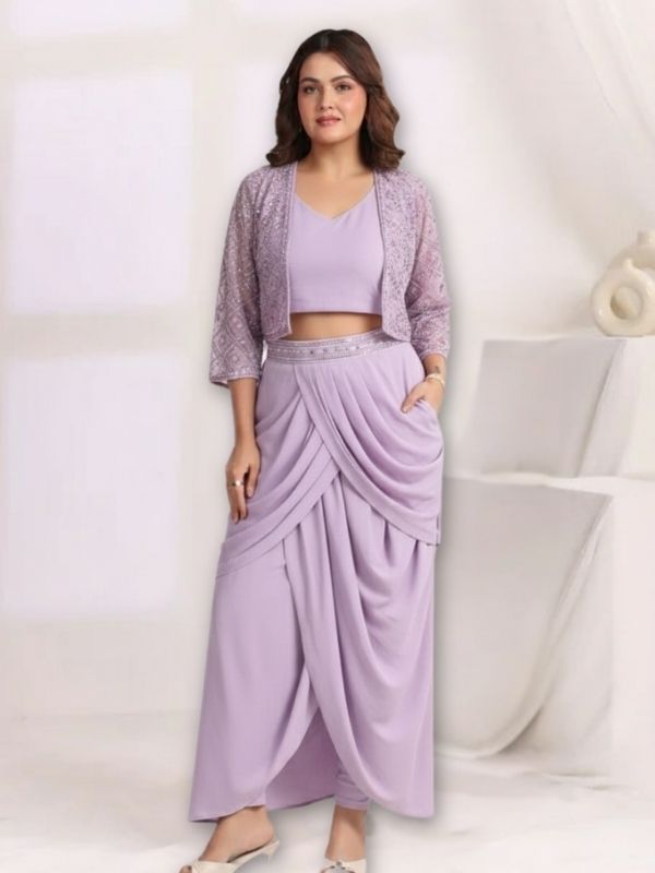 Women's Lilac Dhoti Pant Suit with Embellished Crop Top & Shrug