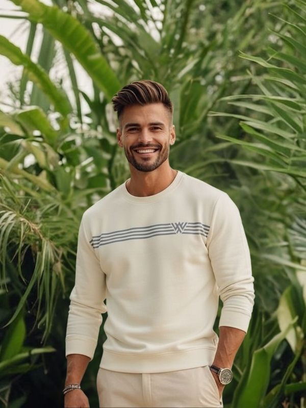 Men's Ecru Striped Graphic Crewneck Sweatshirt