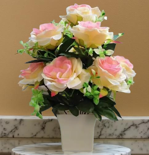Artificial Two-Tone Pink & Cream Roses in Ceramic Vase