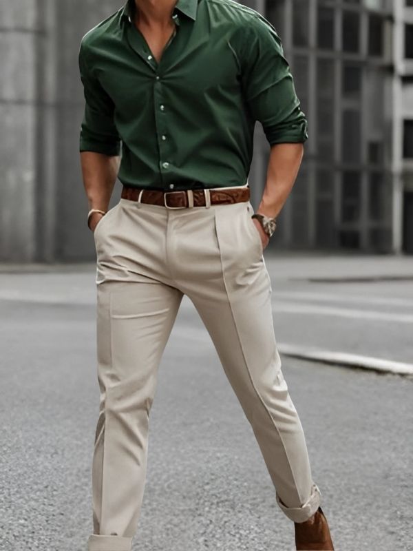 Men's Classic Dark Green Shirt and Beige/Khaki Trousers Set